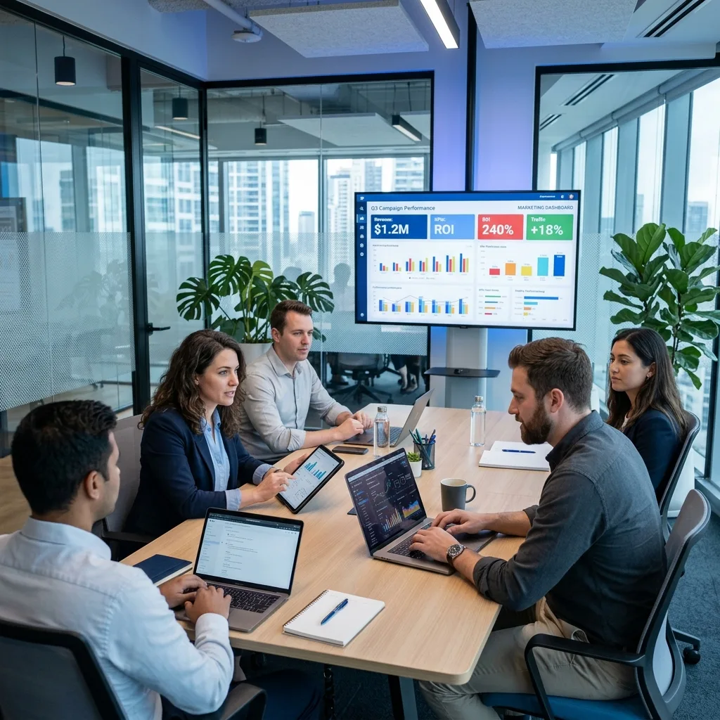 &Eacute;quipe DatRey en r&eacute;union strat&eacute;gique analysant les KPIs de performance digitale