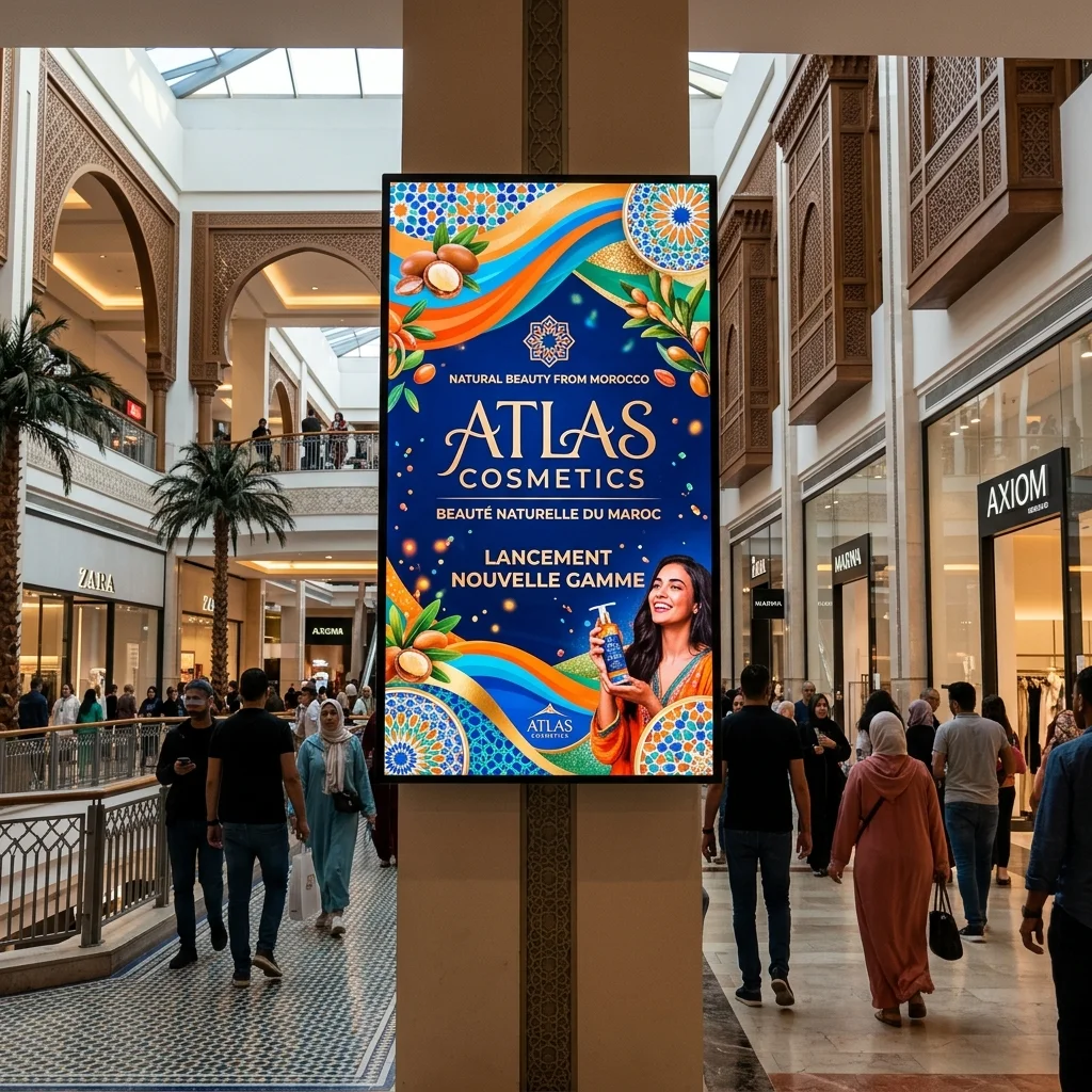 Écran d'affichage dynamique dans un centre commercial au Maroc
