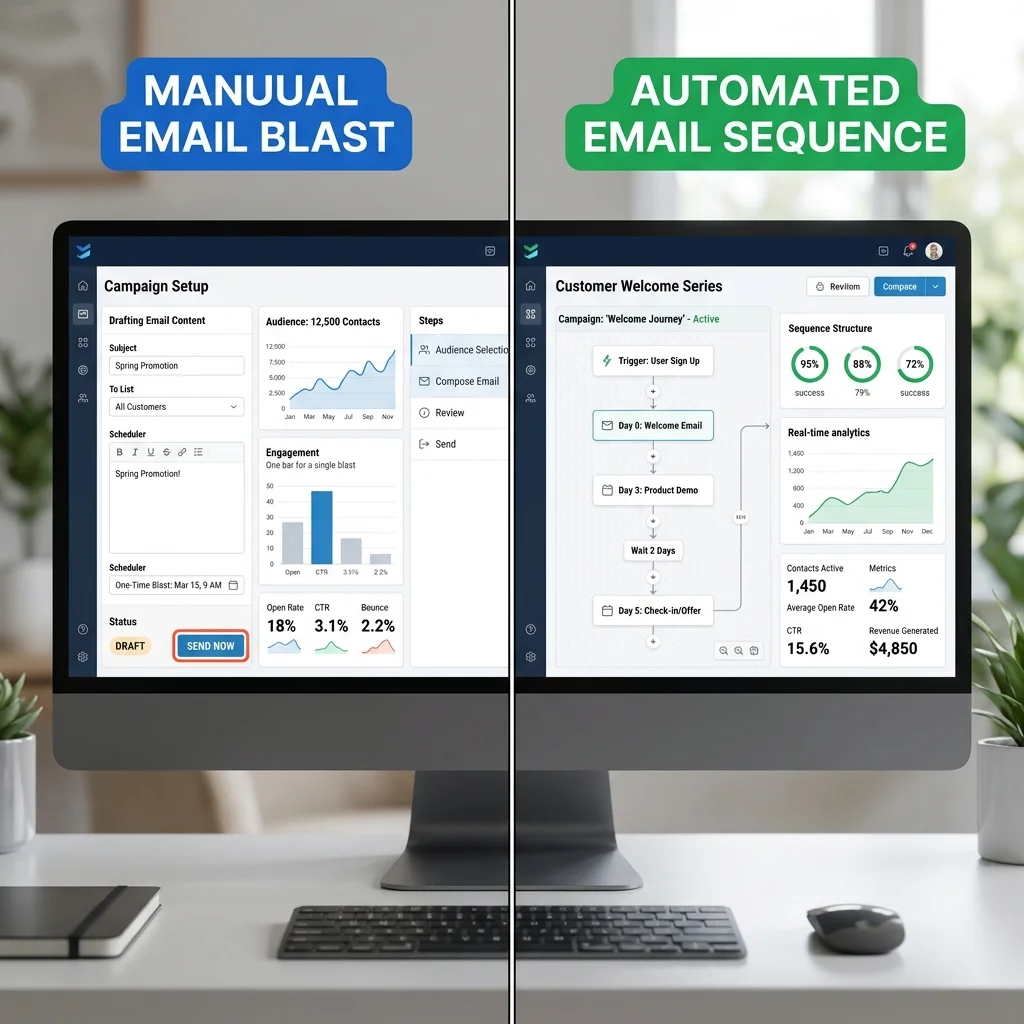 Schéma comparatif entre emailing traditionnel et automation