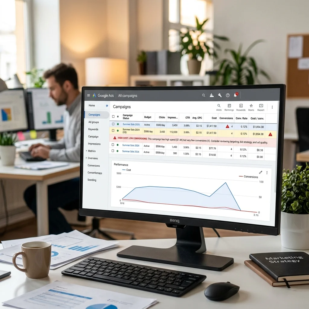 Personne frustrée devant un ordinateur avec des publicités Google Ads