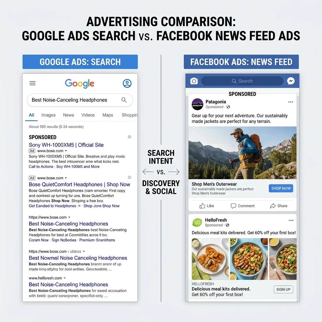 Logo Google Ads à côté du logo Facebook Ads