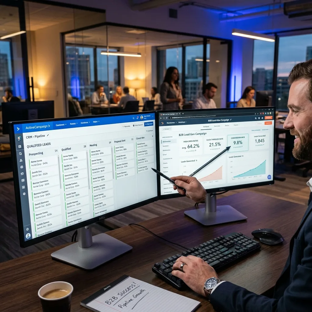 Pipeline CRM B2B montrant la g&eacute;n&eacute;ration de leads qualifi&eacute;s via SEO et emailing automatis&eacute;