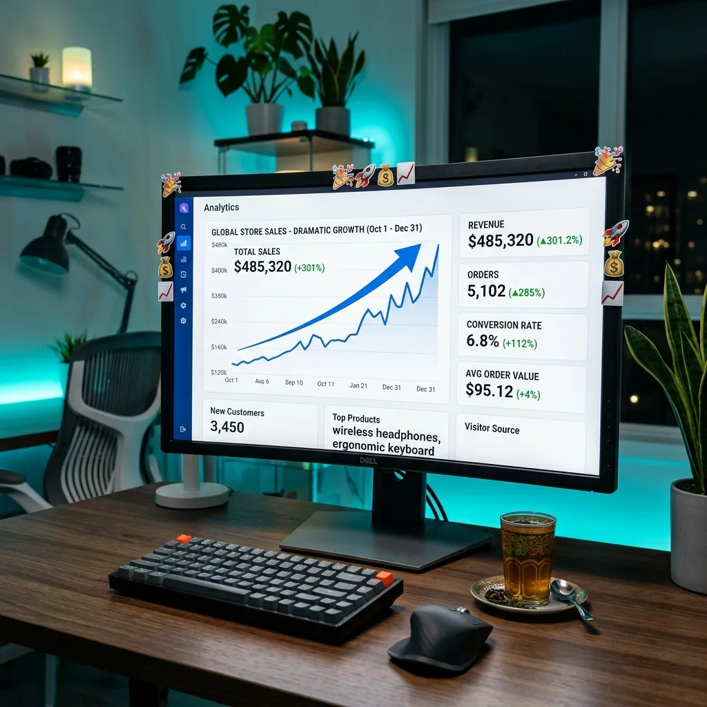 Tableau de bord e-commerce montrant +312% de croissance des ventes apr&egrave;s optimisation par DatRey