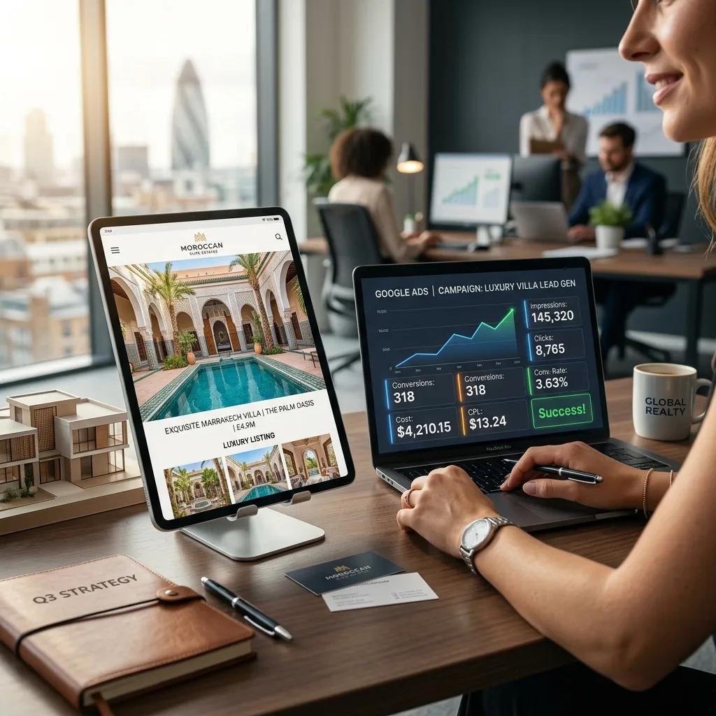 Campagne de g&eacute;n&eacute;ration de leads immobiliers avec Google Ads montrant 85 leads qualifi&eacute;s par mois