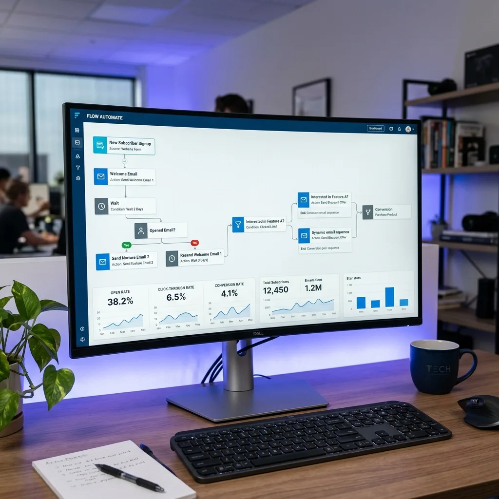 Workflow d'automatisation email marketing avec séquences de nurturing et métriques de performance - DatRey Automation
