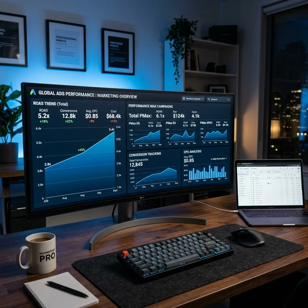 Dashboard de gestion Google Ads montrant les métriques ROAS et les performances de campagnes Performance Max - Agence DatRey Maroc