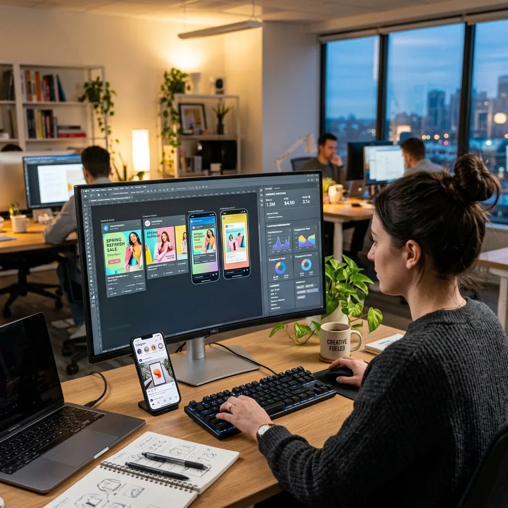 Espace de travail créatif pour la gestion de campagnes Facebook et Instagram Ads avec créatives et métriques d'engagement - DatRey