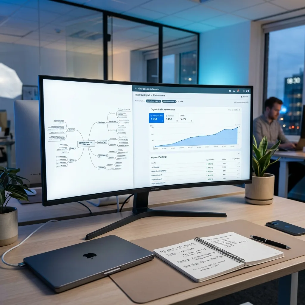 Analyse SEO avec Google Search Console montrant la croissance du trafic organique et les positions de mots-clés - Agence SEO DatRey