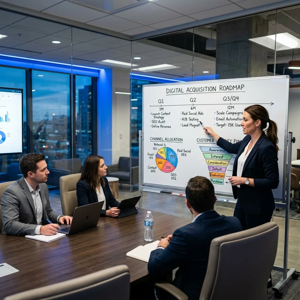Session de planification stratégique d'acquisition digitale avec roadmap et allocation de budget média - DatRey Stratégie
